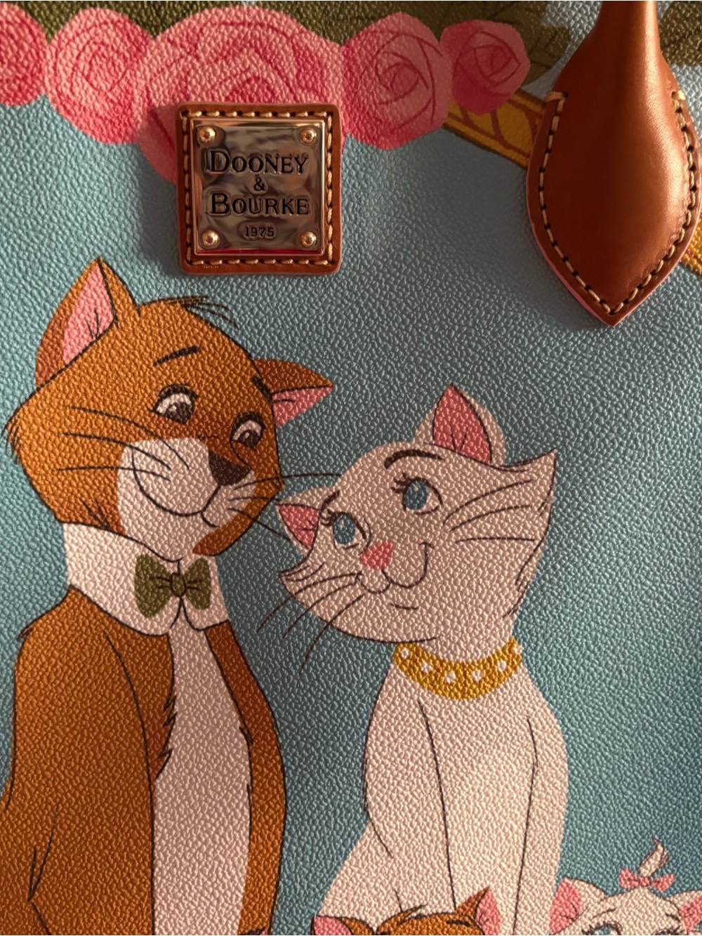 Dooney & Bourke Blue Cat Print Tote with Brown Leather Trim